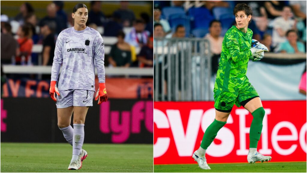 Gotham FC goalkeepers Shelby Hogan and Ann-Katrin Berger.