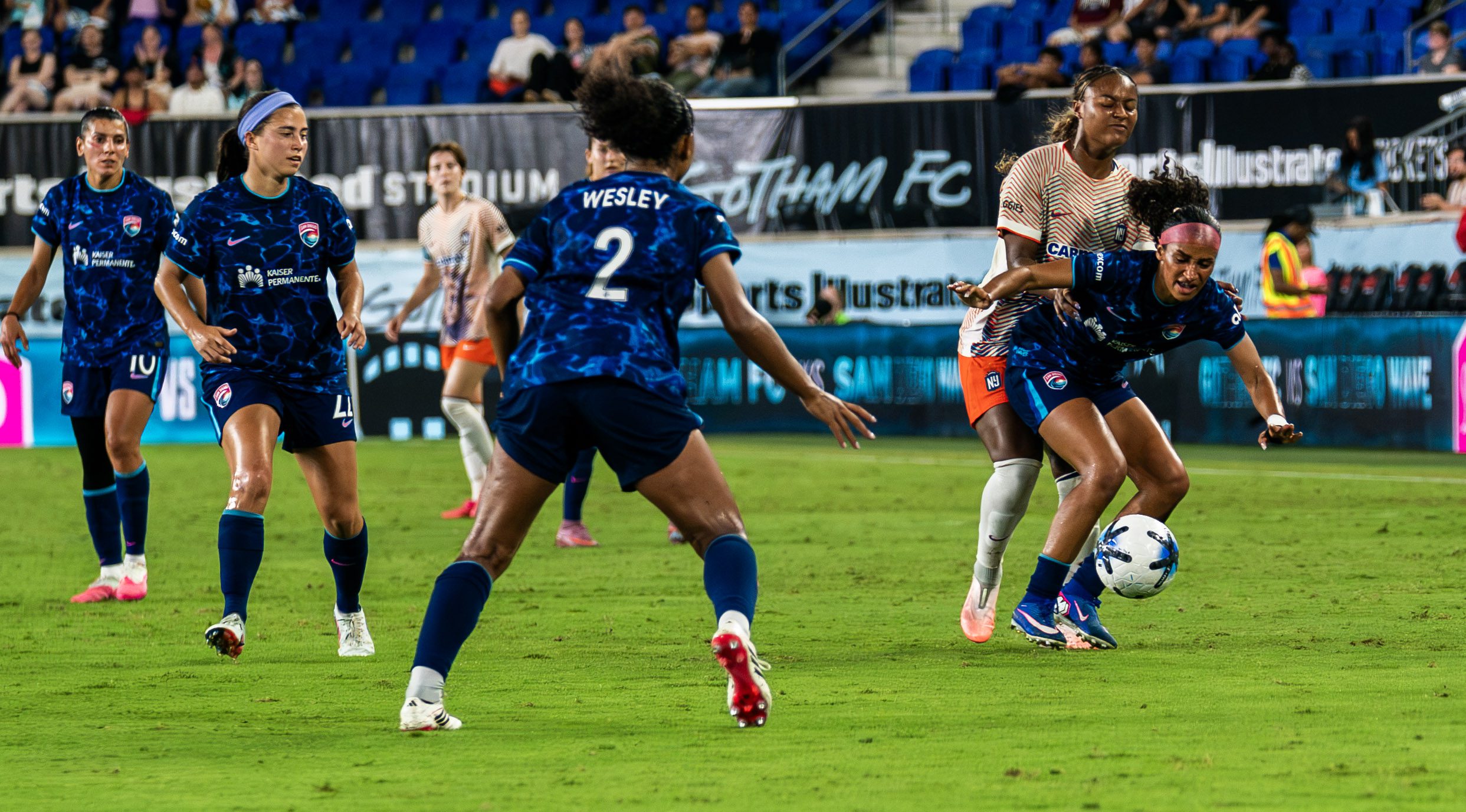 Gotham FC forward Jaedyn Shaw defends against San Diego Wave FC.