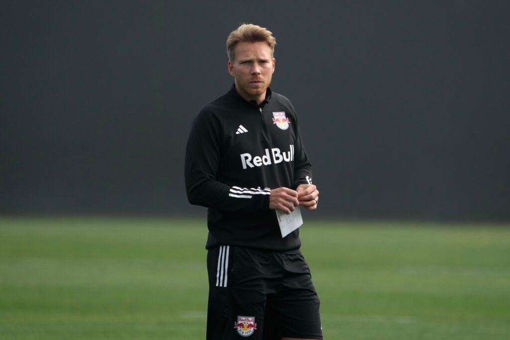 Red Bull New York II head coach Dominik Wohlert looks on during practice.