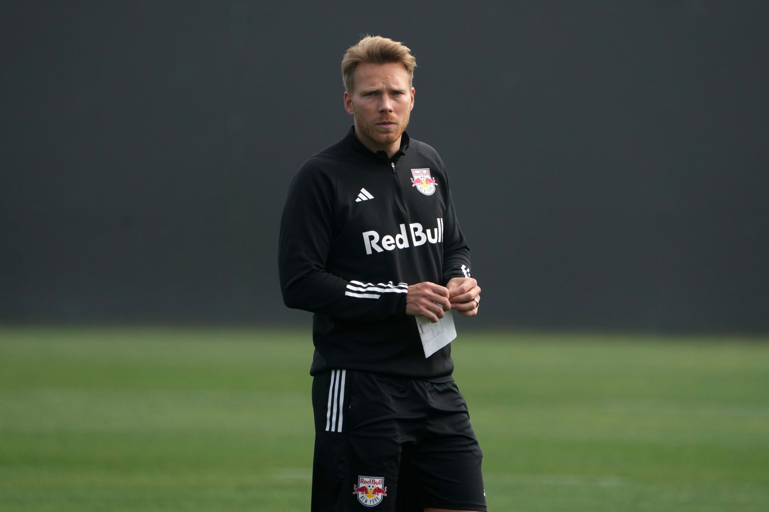 Red Bull New York II head coach Dominik Wohlert looks on during practice.