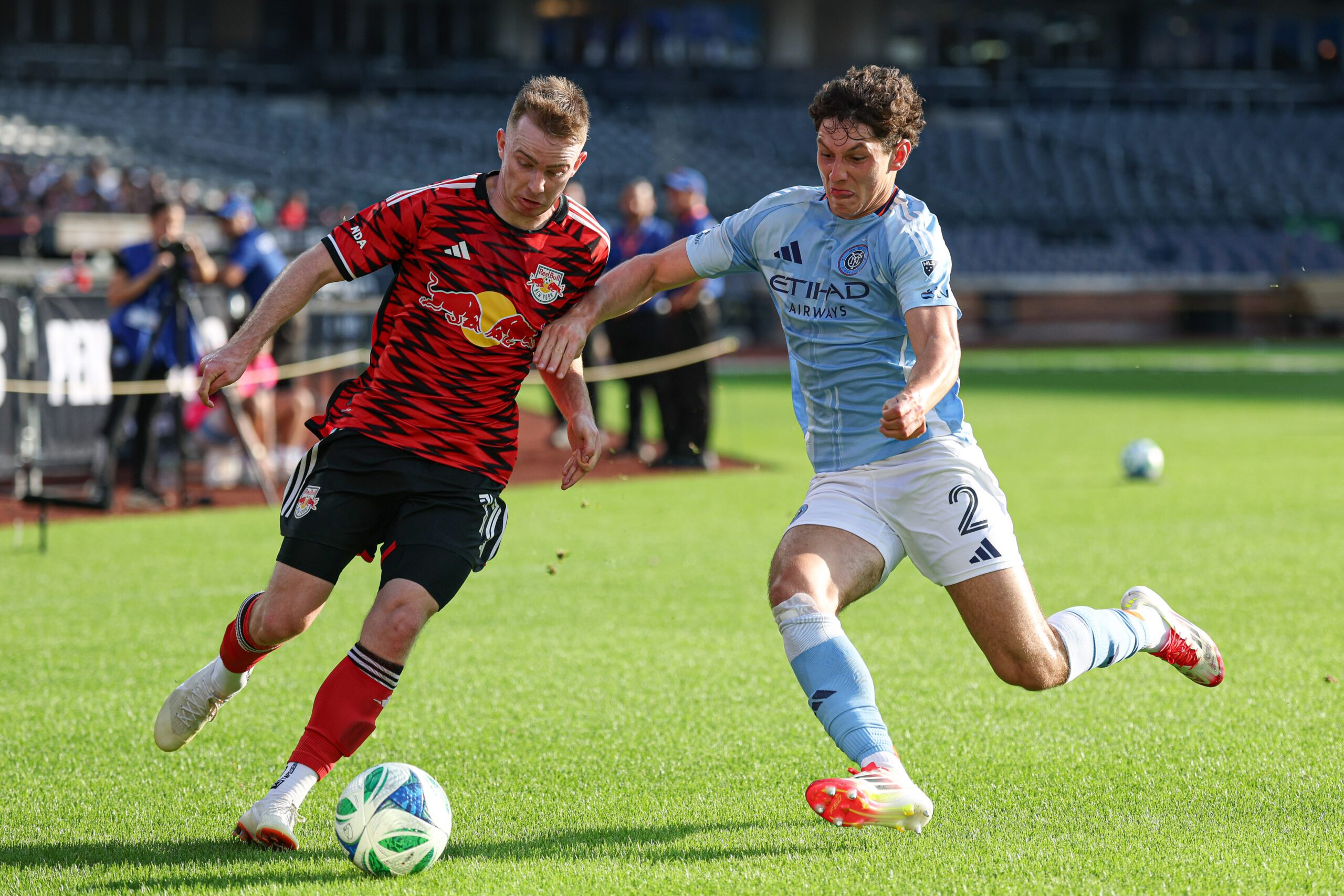 Red Bull New York forward Cameron Harper competes for the ball against New York City FC defender Nico Cavallo during the second half at Citi Field.