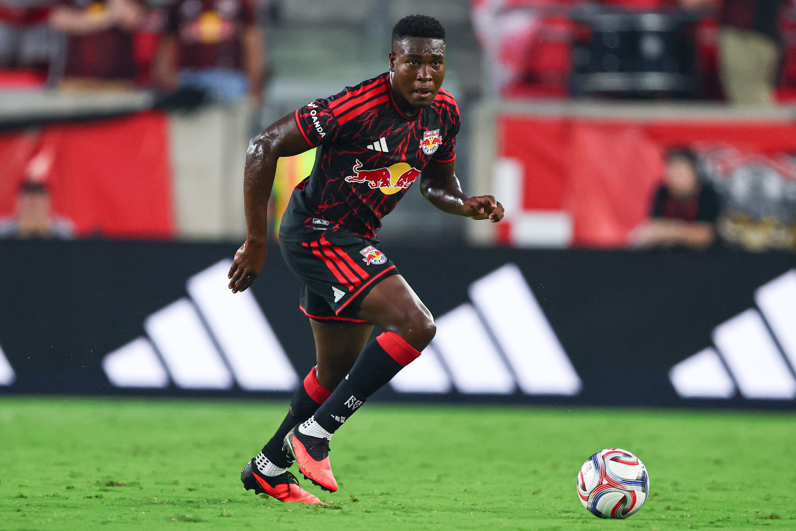 Red Bull defender Julián Bazán controls the ball against Nashville SC at Sports Illustrated Stadium.