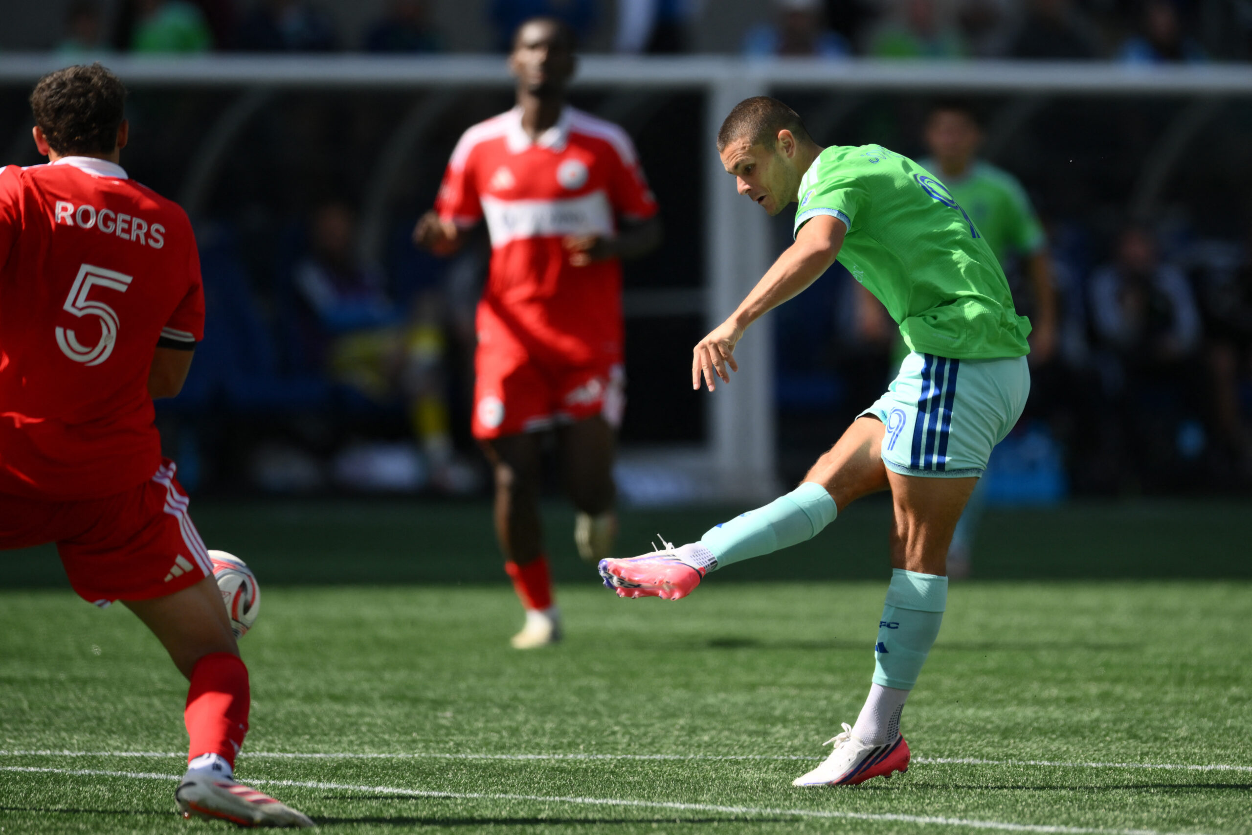 Seattle Sounders FC forward Dejan Joveljic scores a goal against the Chicago Fire FC during the second half at Lumen Field.