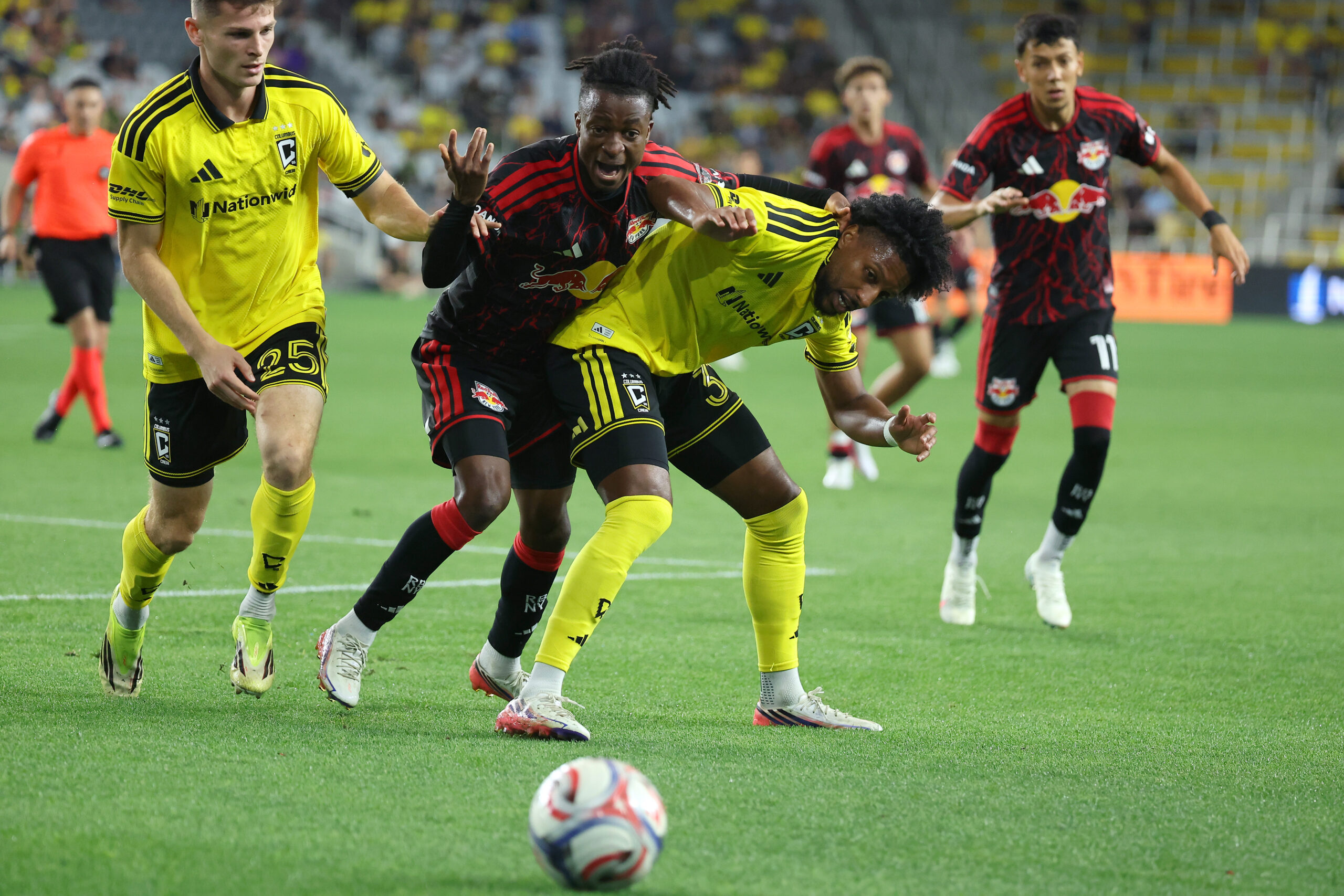 Red Bull New York forward Mohammed Sofo competes for the ball during the first half at ScottsMiracle-Gro Field.