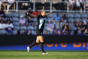 Gotham FC left-back Guro Reiten celebrates her goal.