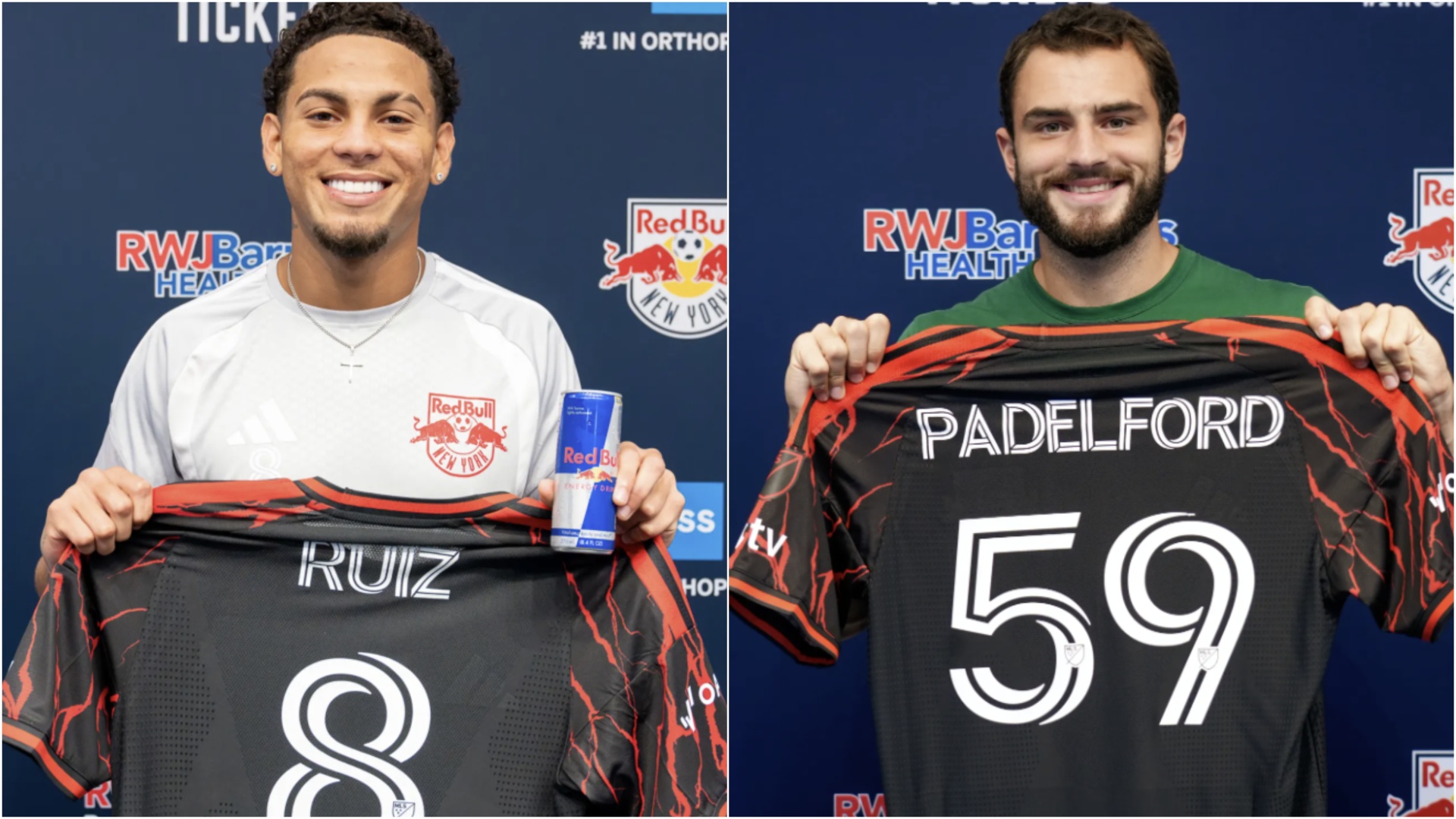 Red Bull New York duo David Ruiz and Devin Padelford pose with their uniforms.