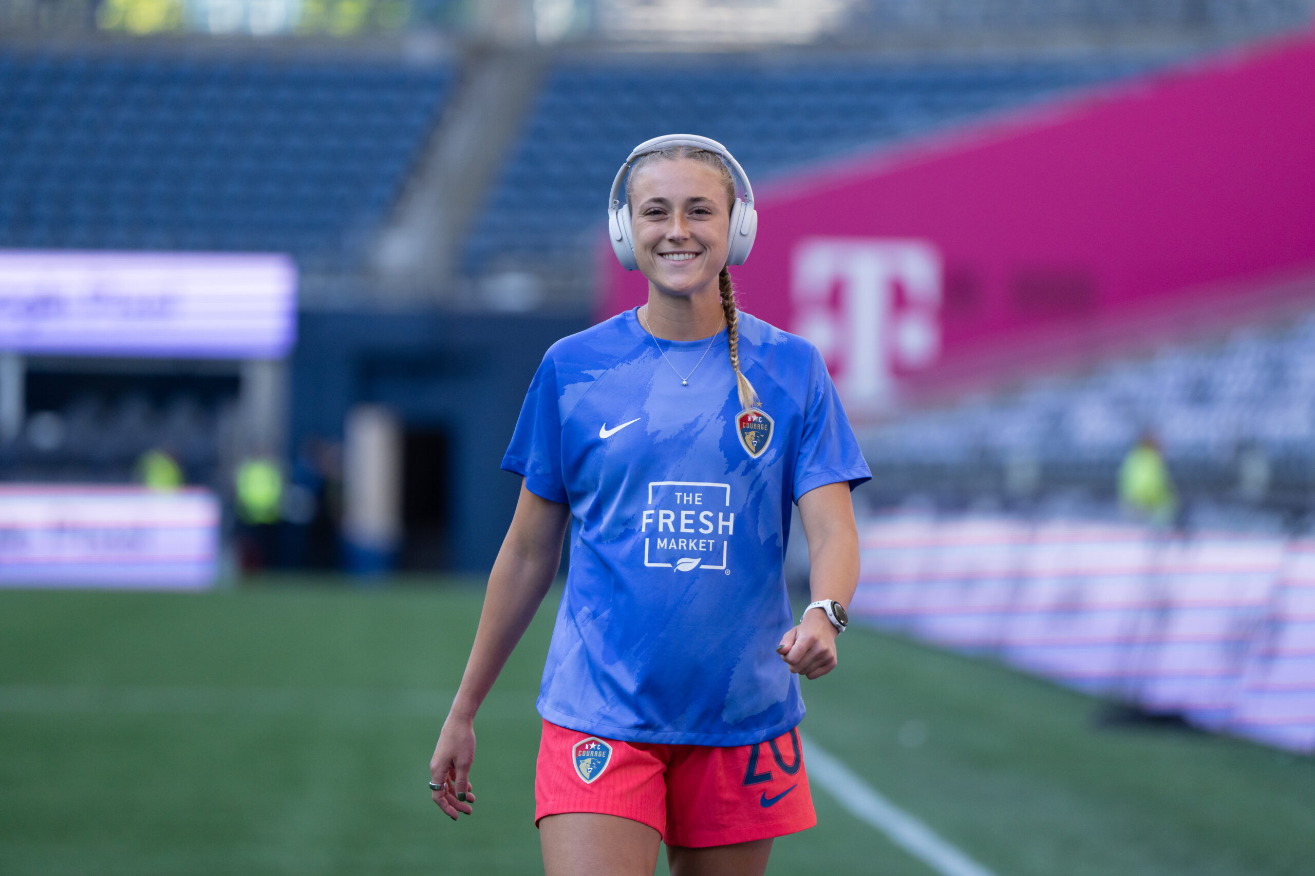 North Carolina Courage forward Olivia Wingate walks across the pitch before a match against the Seattle Reign at Lumen Field.