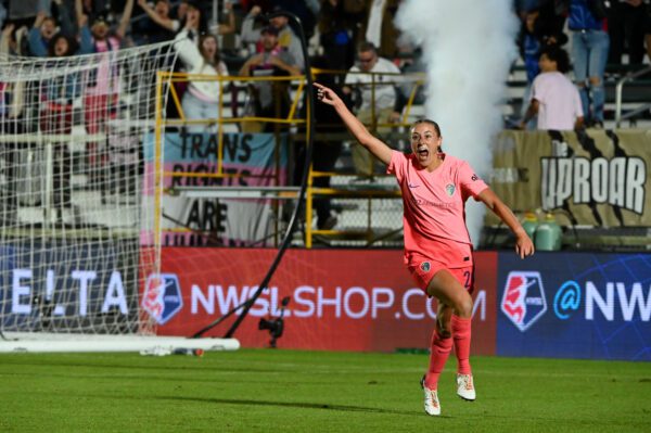 North Carolina Courage forward Olivia Wingate celebrates after scoring a goal against Angel City FC during the second half at WakeMed Soccer Park.