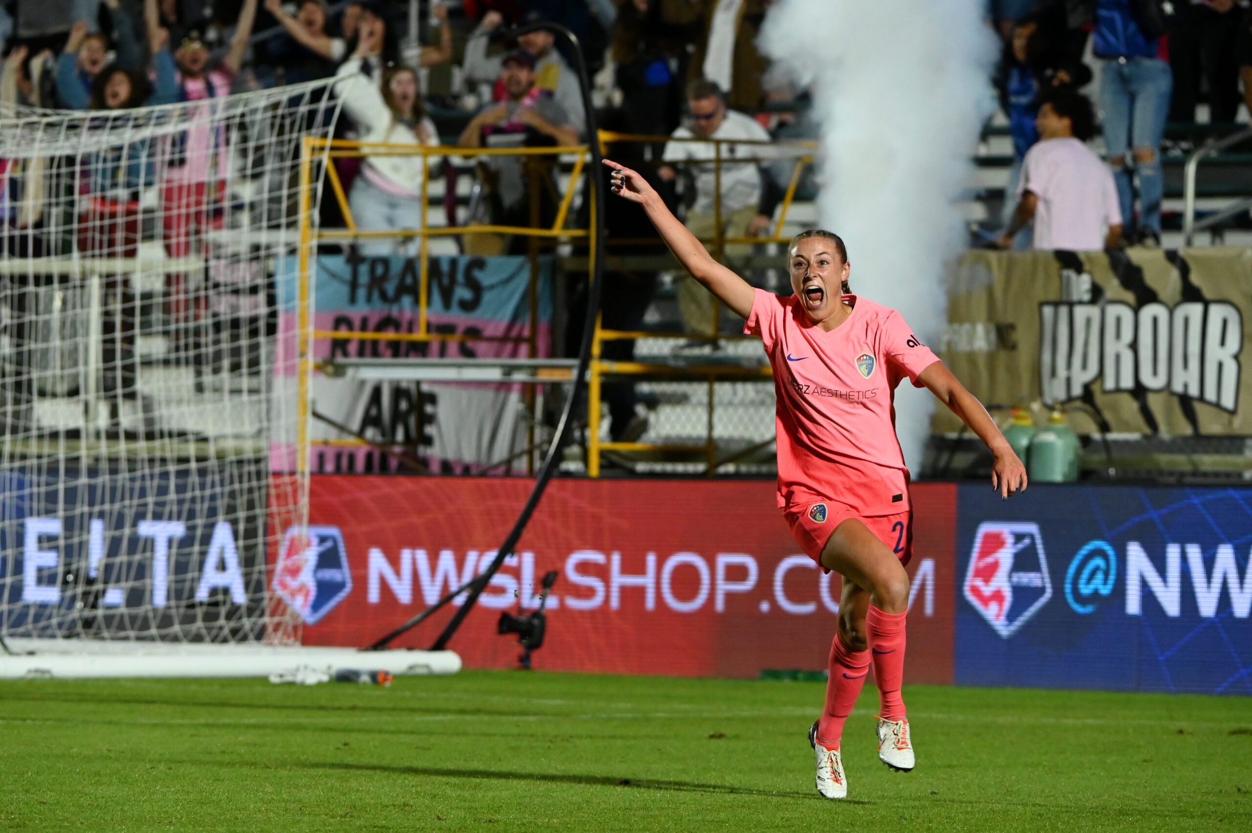 North Carolina Courage forward Olivia Wingate celebrates after scoring a goal against Angel City FC during the second half at WakeMed Soccer Park.