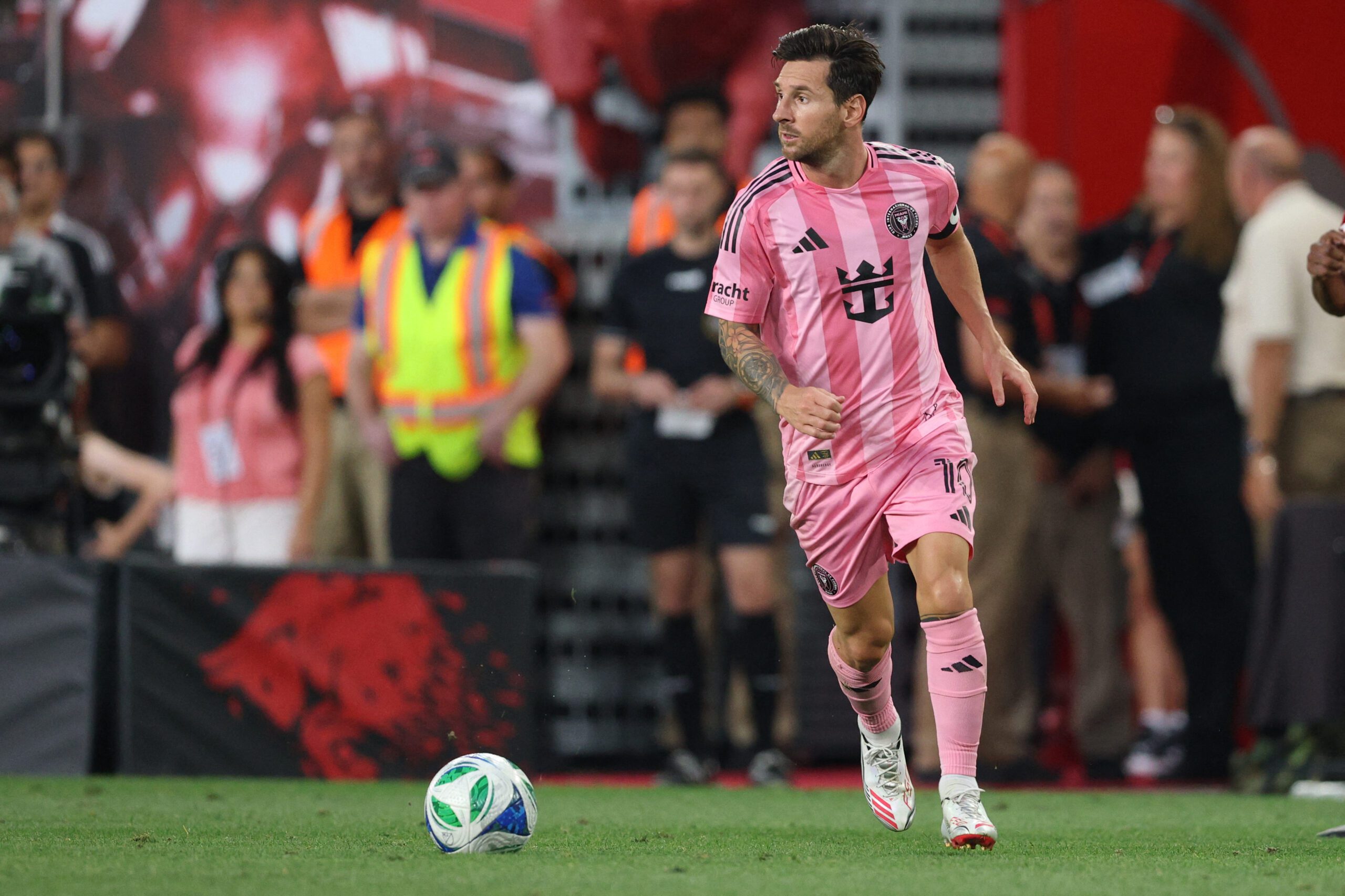 Inter Miami CF forward Lionel Messi controls the ball against Red Bull New York at Sports Illustrated Stadium.