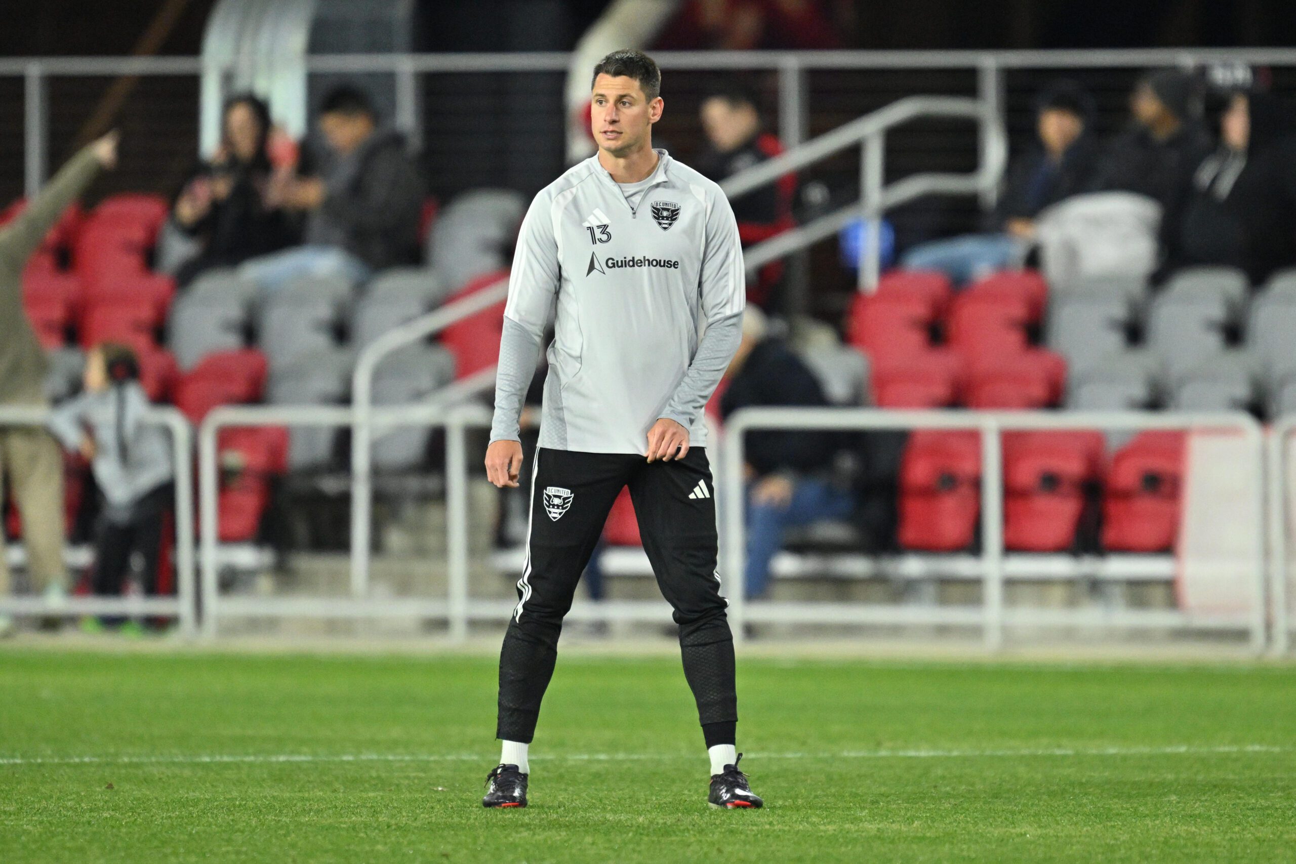 D.C. United defender Sean Nealis warms up before a game at Audi Field.