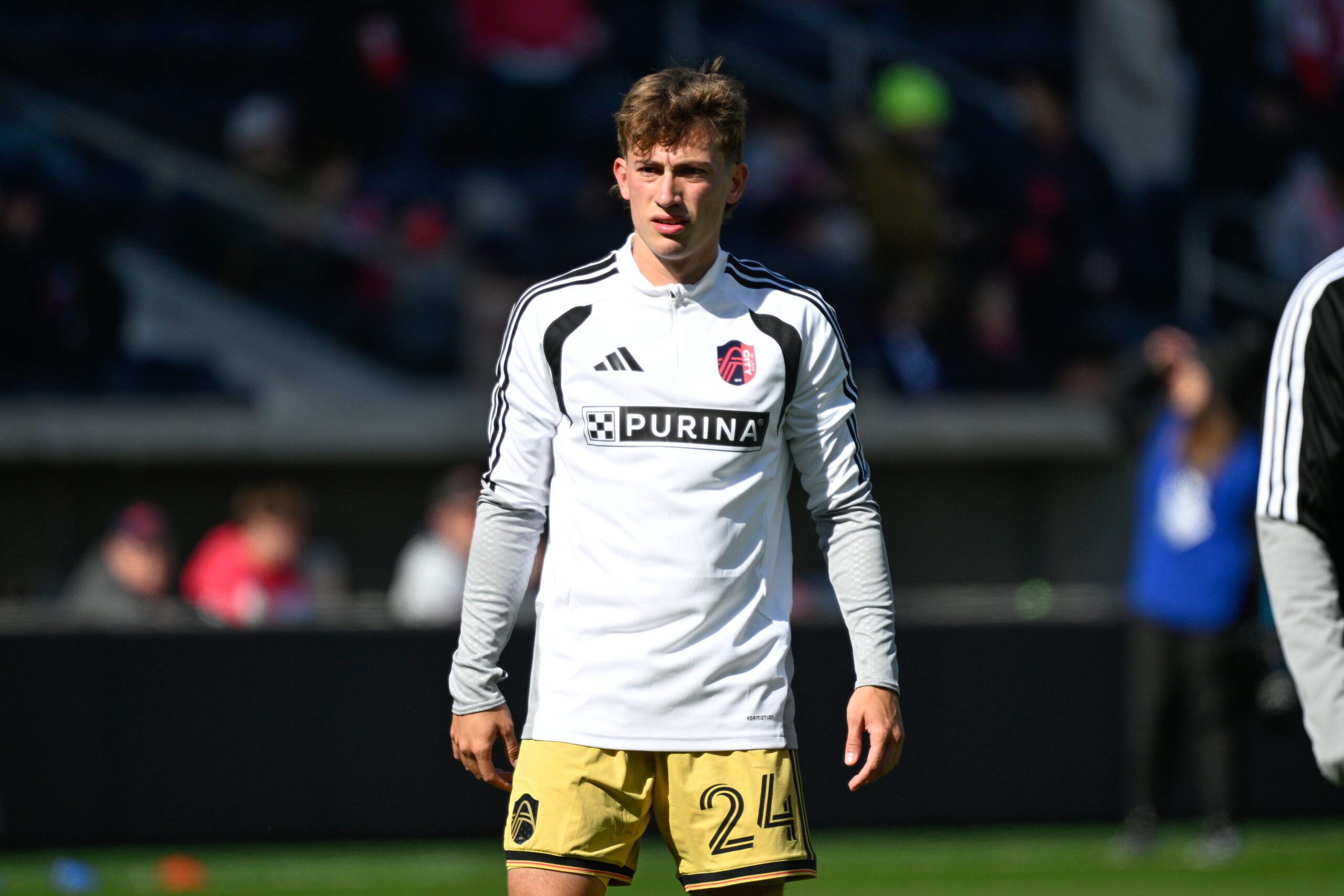 St. Louis CITY SC midfielder Daniel Edelman during warmups prior to a match against Charlotte FC at Energizer Park.