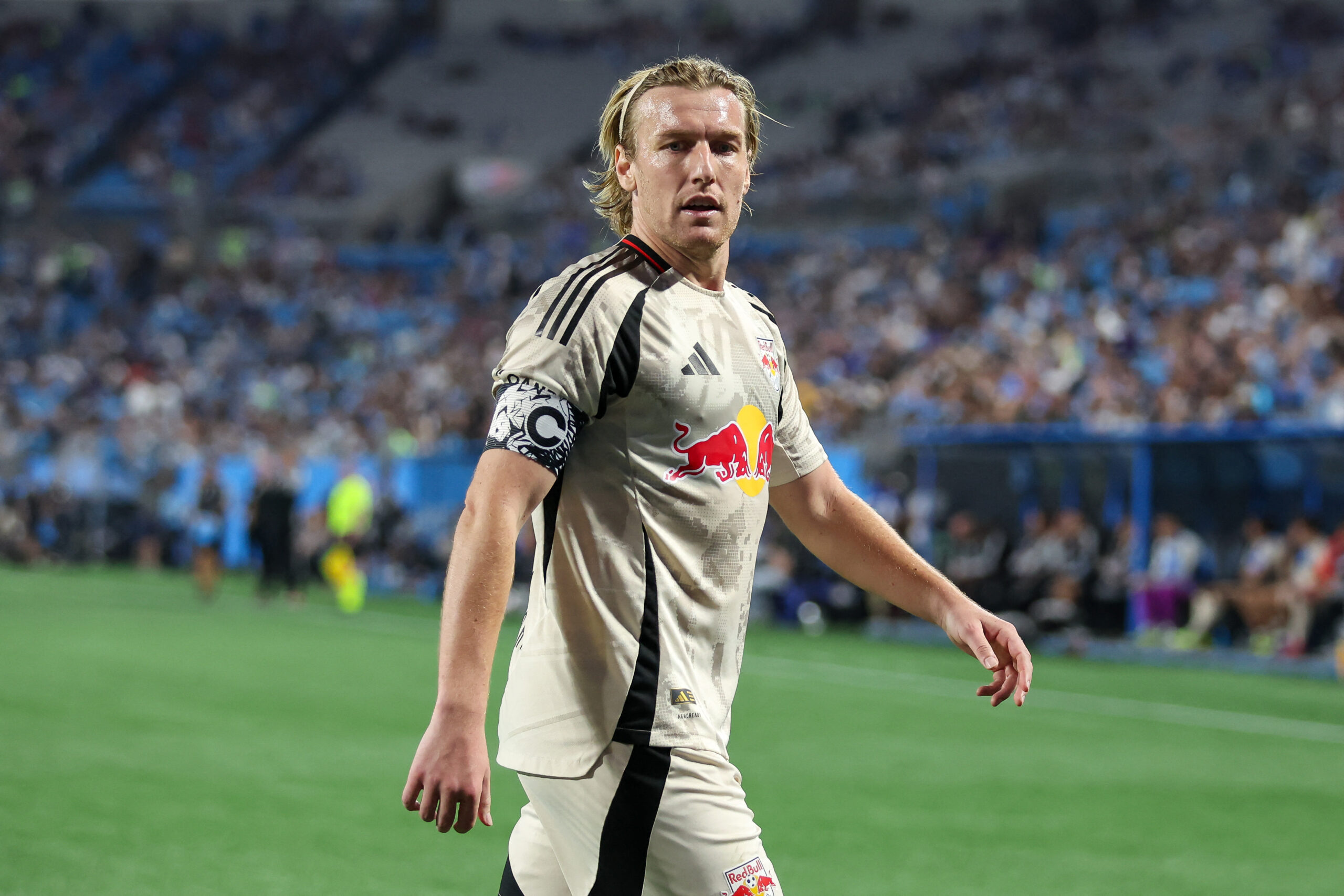 Red Bull New York midfielder Emil Forsberg looks on during the second half against Charlotte FC at Bank of America Stadium.