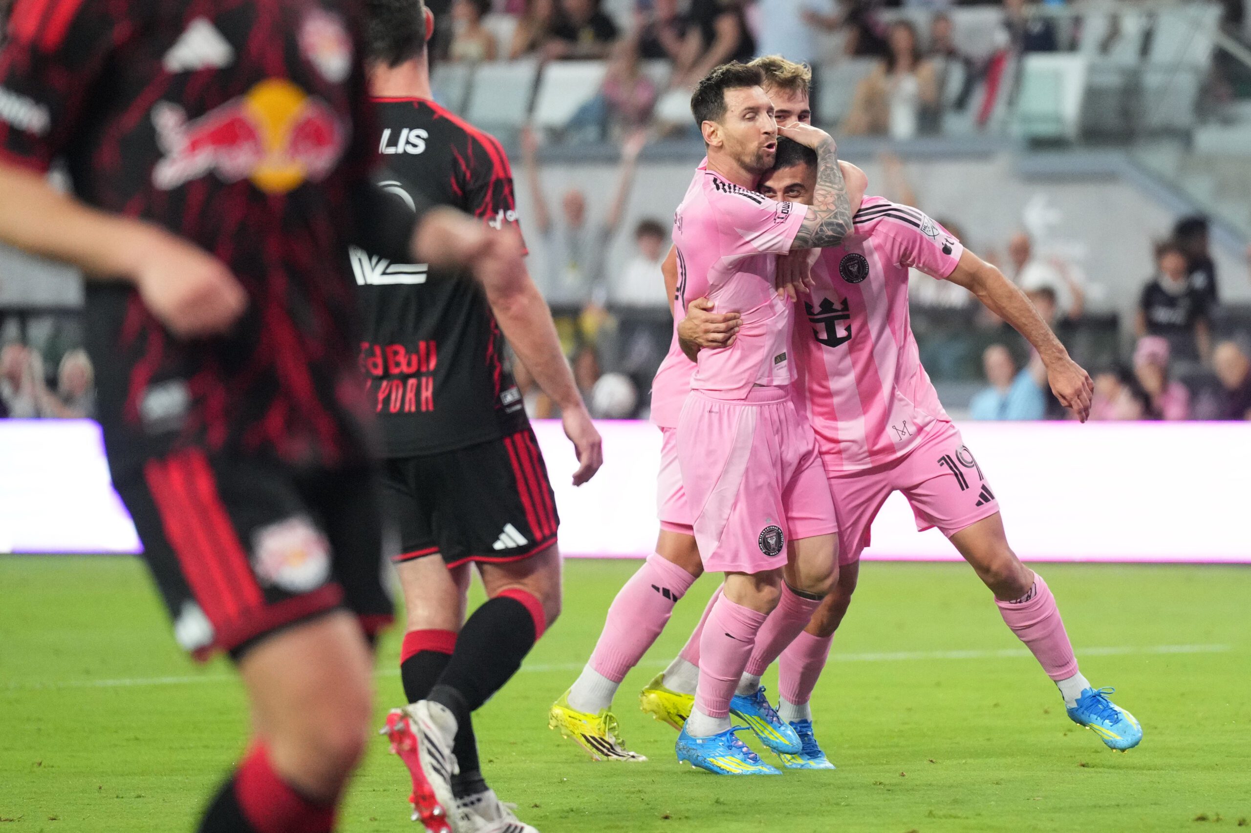 Inter Miami CF forward German Berterame celebrates a goal against Red Bull New York with forward Lionel Messi.