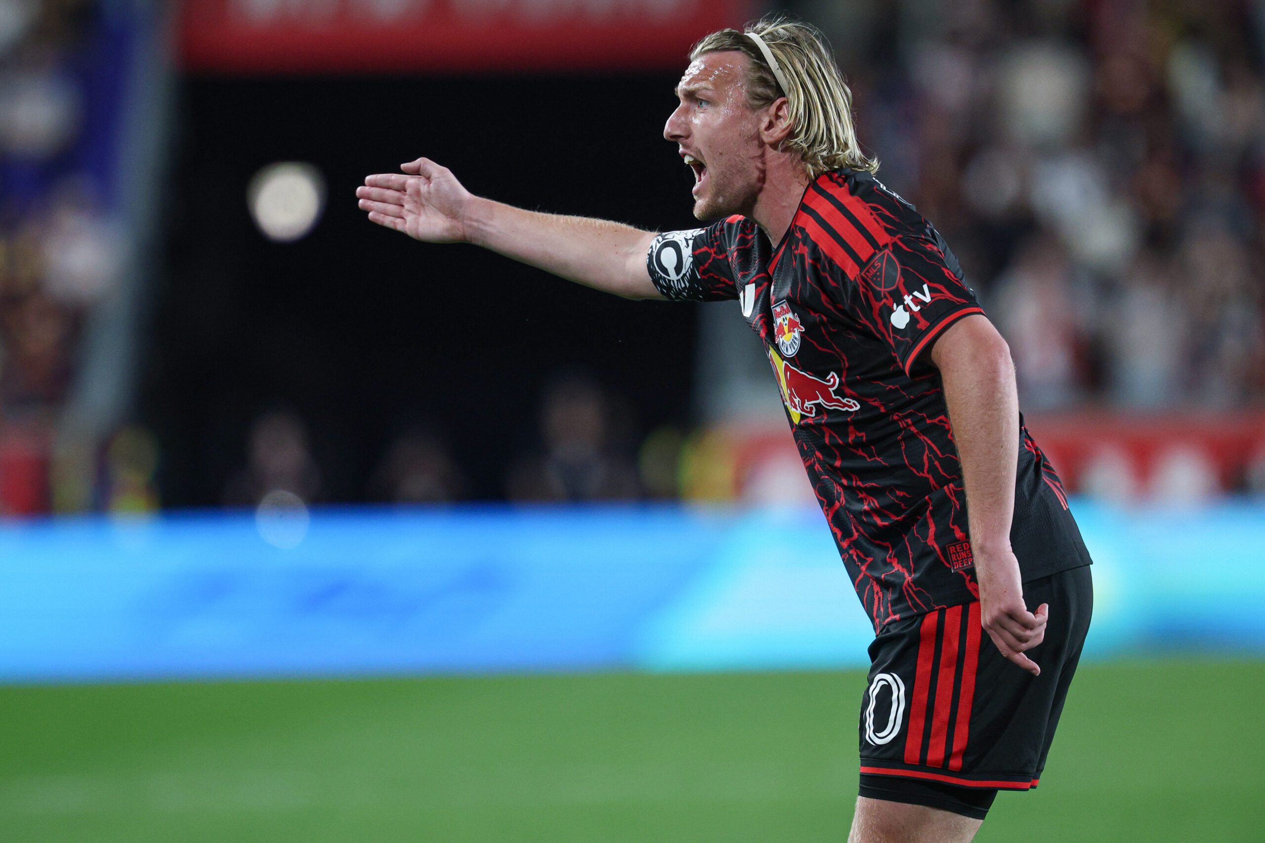 Red Bull New York midfielder Emil Forsberg reacts during the second half against New York City FC at Sports Illustrated Stadium.