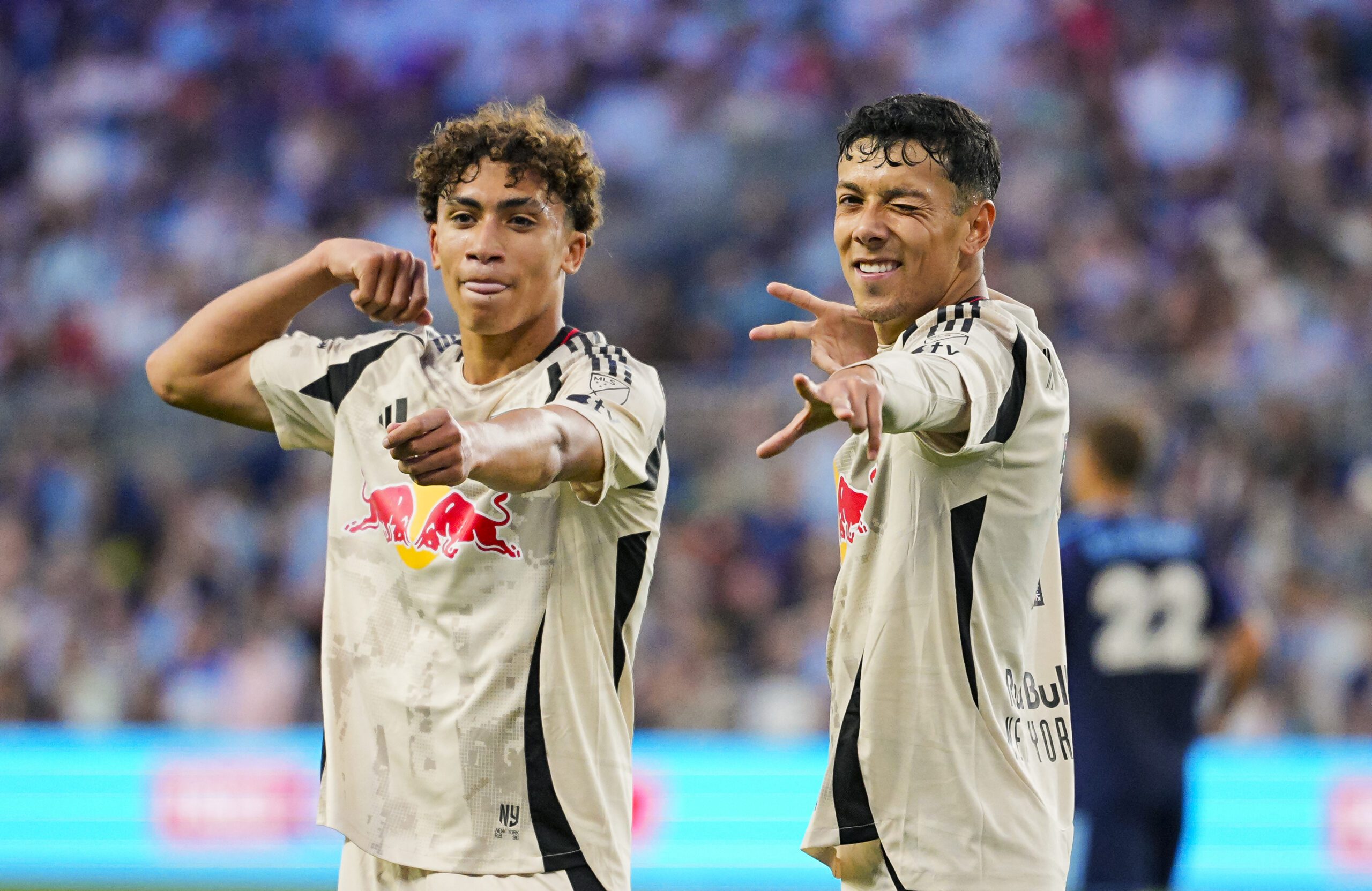 Red Bull New York forwards Julian Hall and Jorge Ruvalcaba celebrate together.