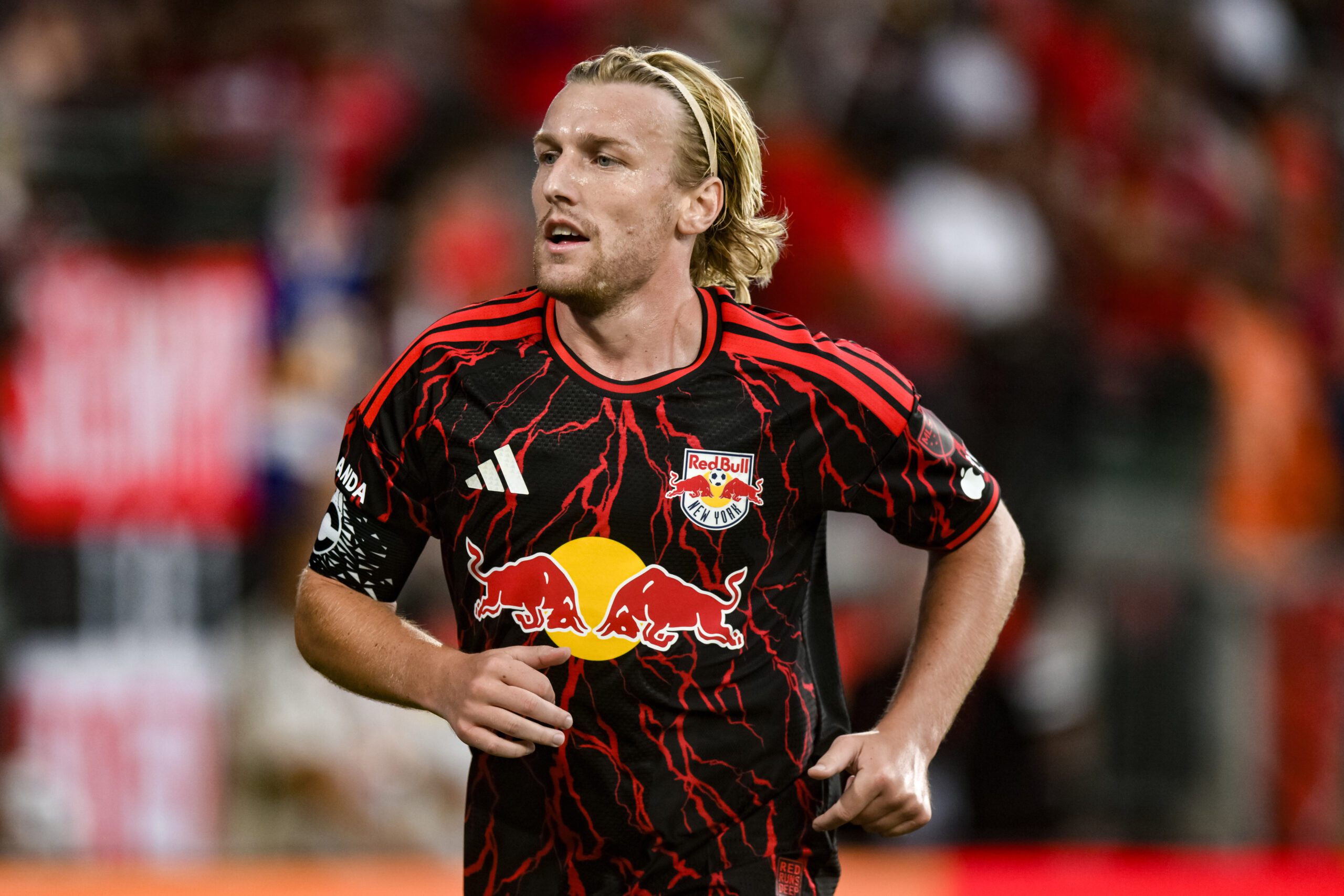 Red Bull New York midfielder Emil Forsberg prepares to deliver a corner kick at Sports Illustrated Stadium.