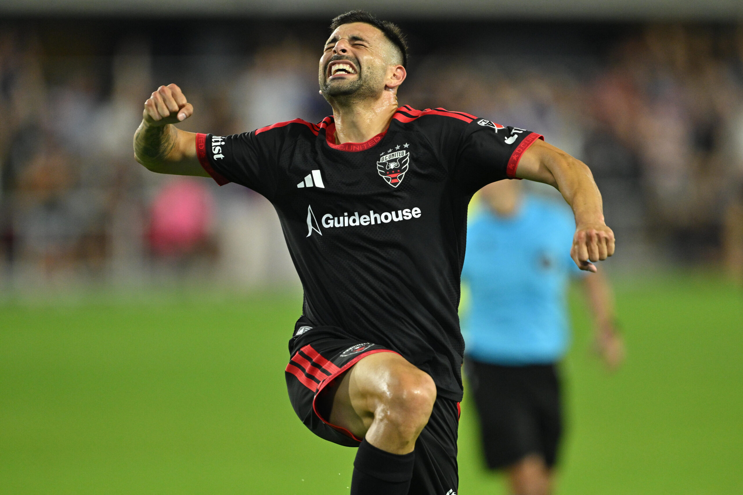 D.C. United forward Tai Baribo celebrates after scoring a goal in the second half against Nashville SC at Audi Field.