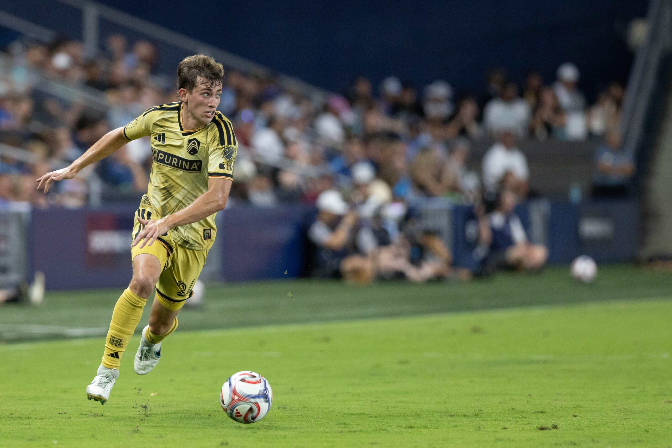 St. Louis CITY SC midfielder Daniel Edelman advances the ball.