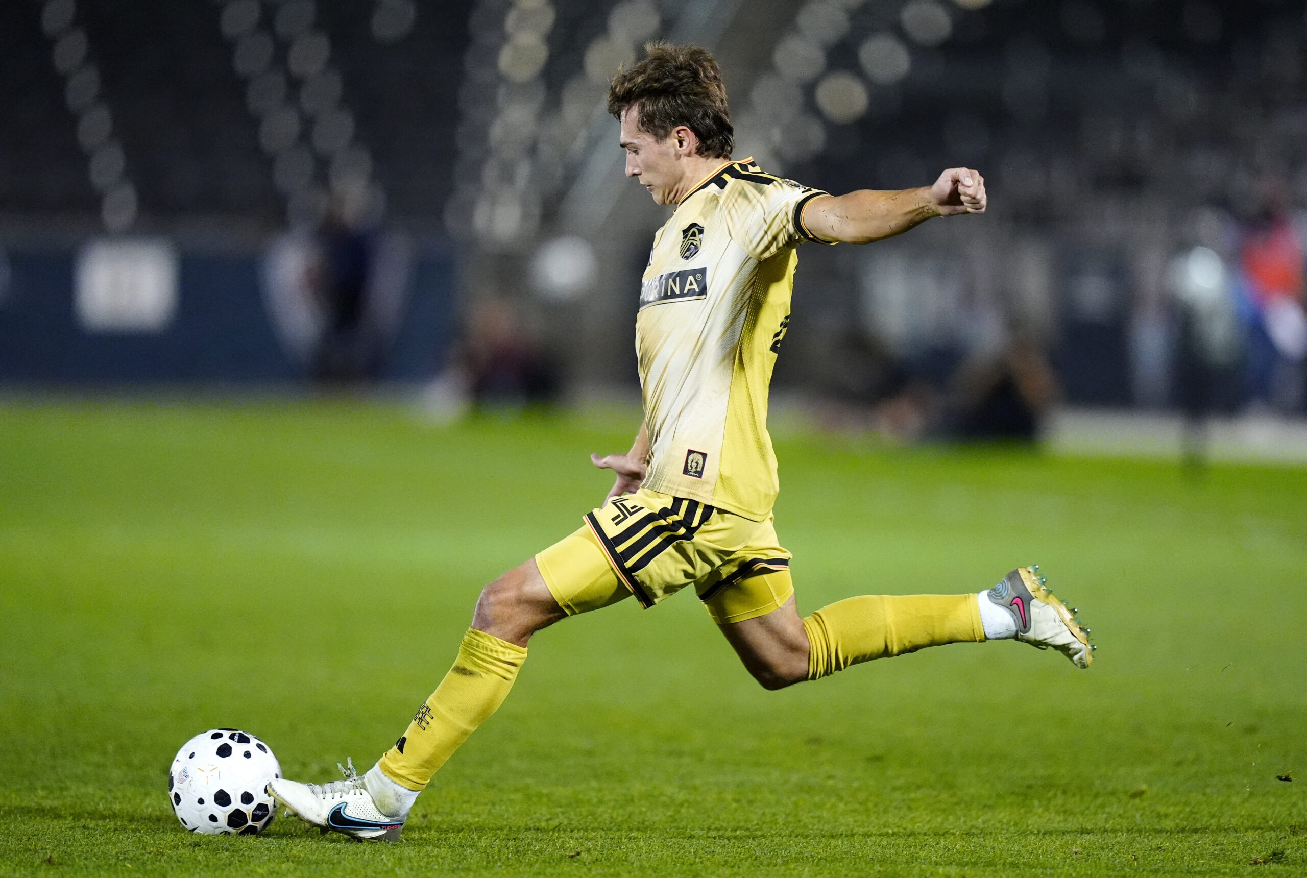St. Louis CITY SC midfielder Daniel Edelman attempts a pass in the first half against the Colorado Rapids at DICK'S Sporting Goods Park.