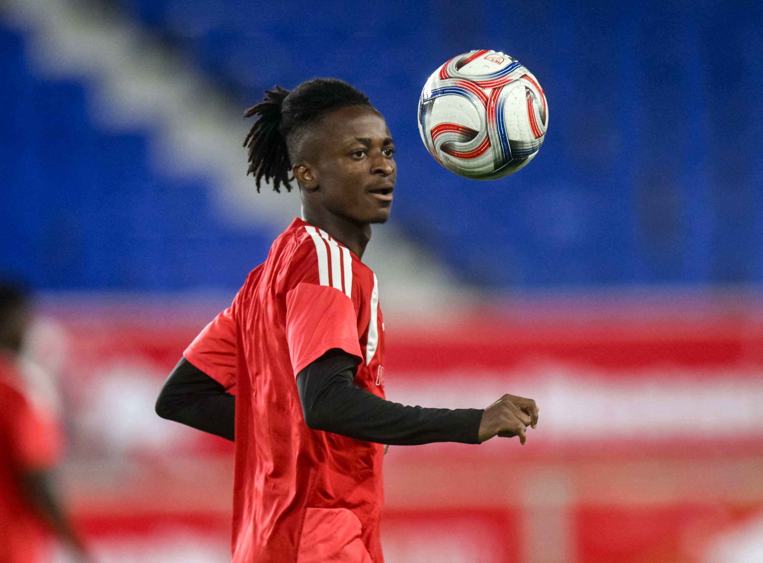 Red Bull New York midfielder Mohammed Sofo warms up before a game against St. Louis CITY SC at Sports Illustrated Stadium.