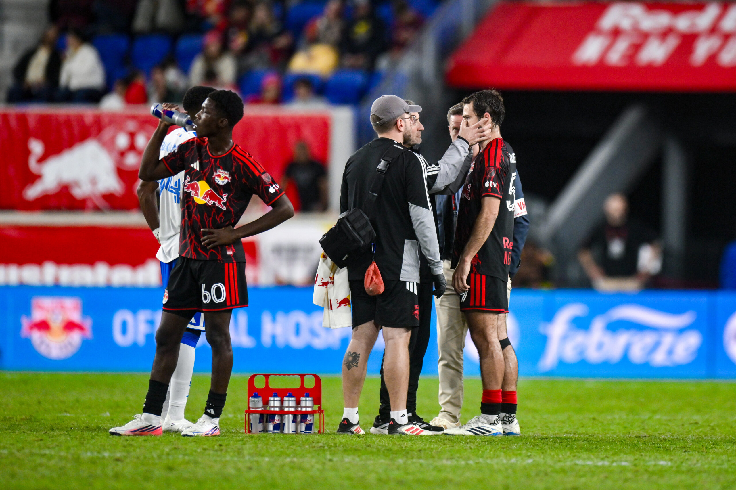 Red Bull New York defender Devin Padelford receives medical attention during the second half against San Diego FC at Sports Illustrated Stadium. 