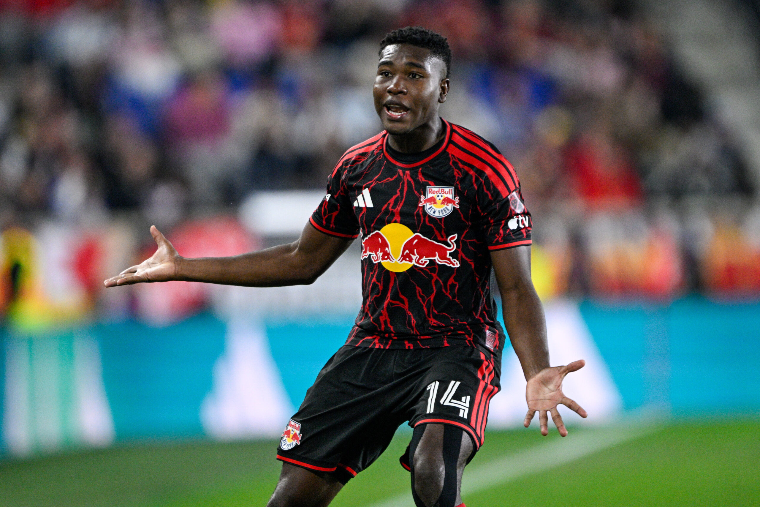 Red Bull New York defender Julián Bazán reacts during the second half against Inter Miami CF at Sports Illustrated Stadium.