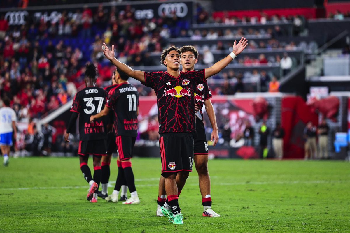Red Bull New York forward Julian Hall celebrates with teammates.