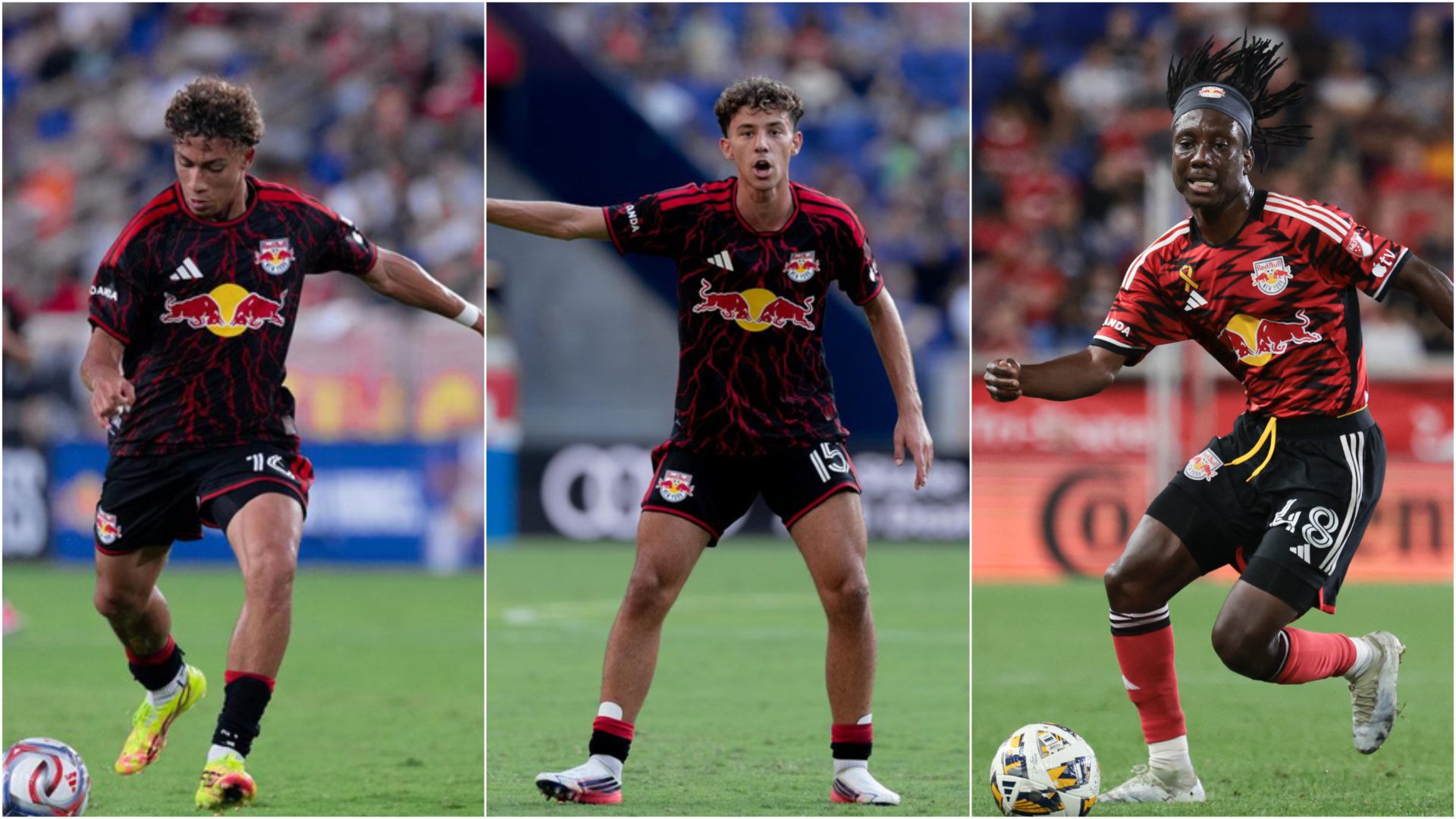 Julian Hall and Adri Mehmeti in action for Red Bull New York. (Photo courtesy of Red Bull New York. Red Bull New York midfielder Ronald Donkor performs a dribble.