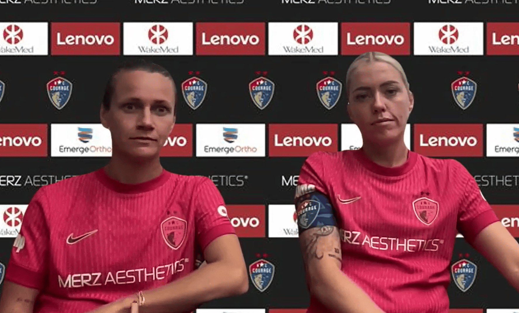 North Carolina Courage teammates Meredith Speck and Denise O'Sullivan take part in a press conference.